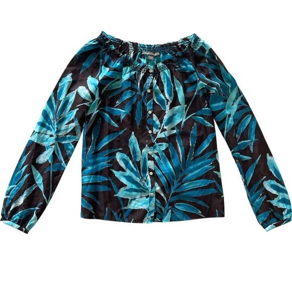 Tommy Bahama Silk Cotton Palm Print Long Sleeve Top Women’s Size XS 0-2 Smocked - Picture 1 of 4